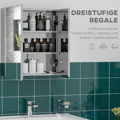 kleankin Spiegelschrank, Badschrank, 2 Spiegeltüren, 3 Innenböden, Edelstahl, Farbe: Silber, 54 x 13 x 60 cm