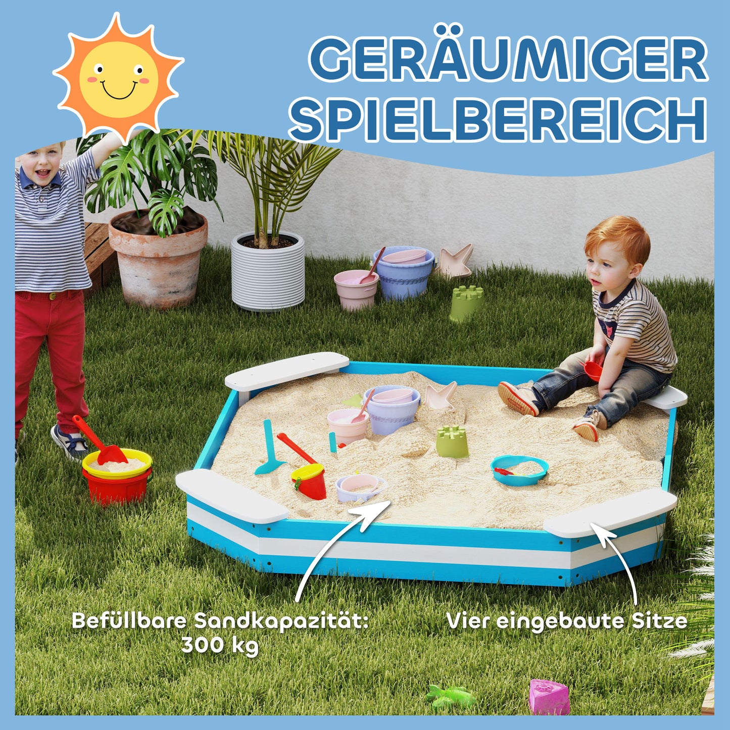 AIYAPLAY Sandkasten für Kinder, Sandkiste mit 4 Sitzen, Fichtenholz, bodenlos, Blau