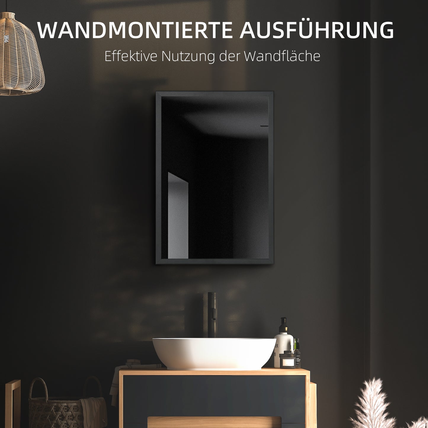 kleankin Spiegelschrank, Badschrank, 3 Regalfächer, Edelstahl, 40x12x60cm, Schwarz