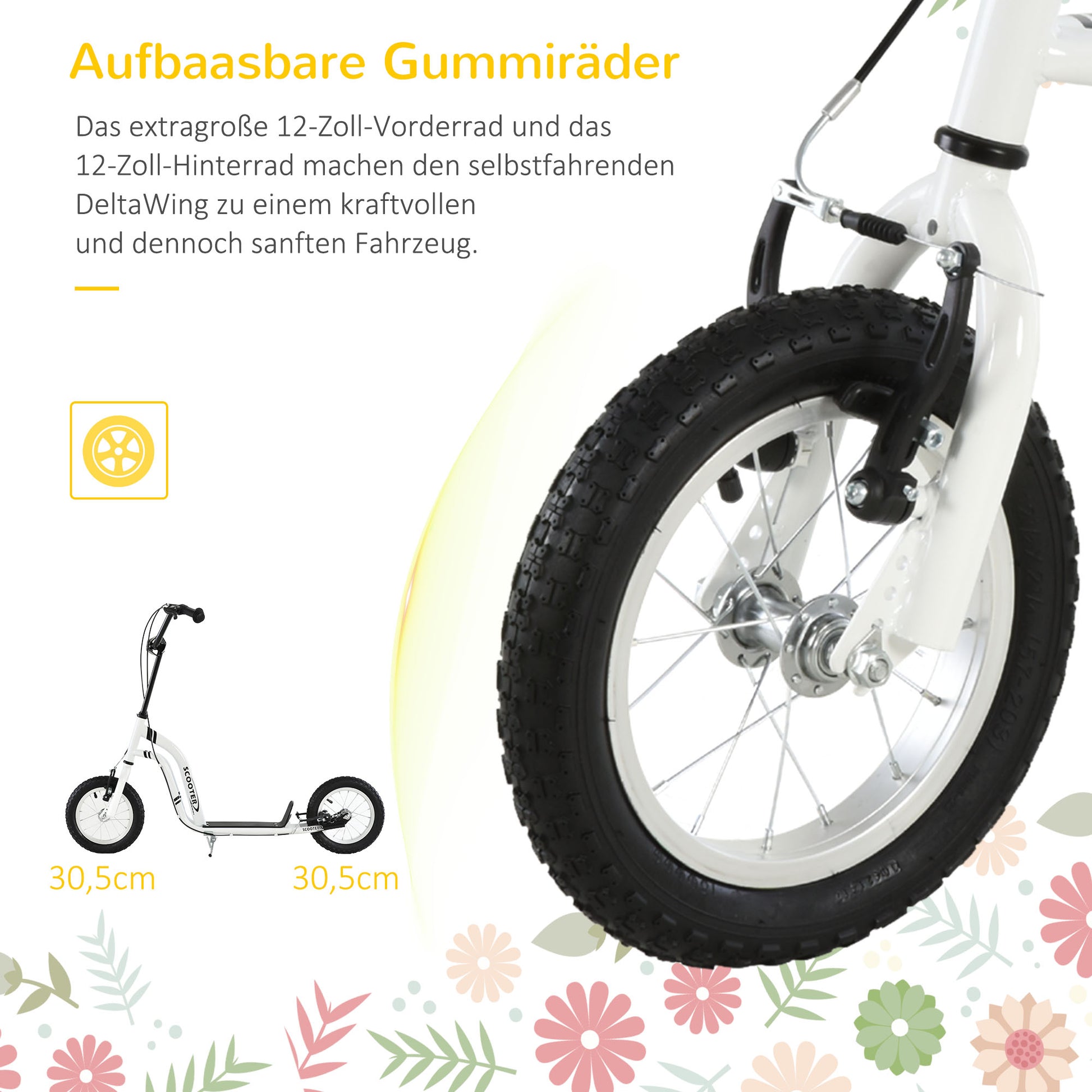 HOMCOM Kinderroller ab 5 Jahre Scooter Kinderscooter Tretroller Cityroller Kinder Roller Kickboard mit Luftreifen 12 Zoll Gummi Aluminium Weiß 120 x 58 x 85-95 cm