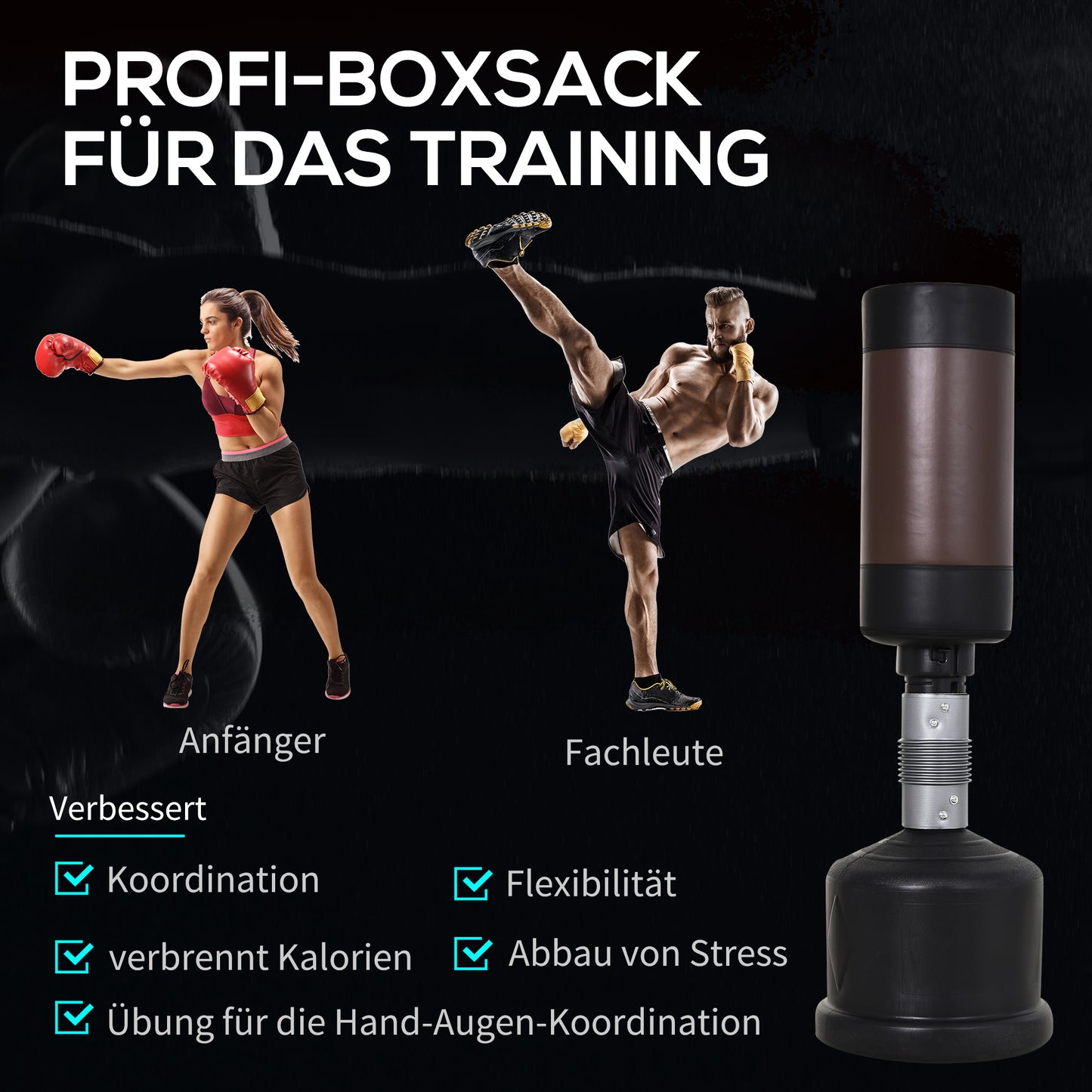 HOMCOM Standboxsack Boxpuppe Boxdummy DummyTraining Boxpartner Boxsack Box 158-186 cm Höhenverstellbar NEU Schwarz+Braun