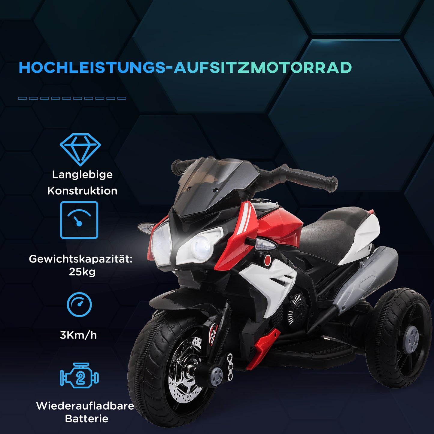 HOMCOM Elektro-Kindermotorrad, Lichter & Geräusche, 3 km/h, wiederaufladbar, Kunststoff & Metall, Schwarz/Rot