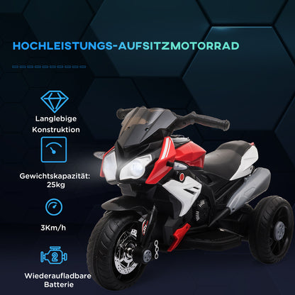 HOMCOM Elektro-Kindermotorrad, Lichter & Geräusche, 3 km/h, wiederaufladbar, Kunststoff & Metall, Schwarz/Rot