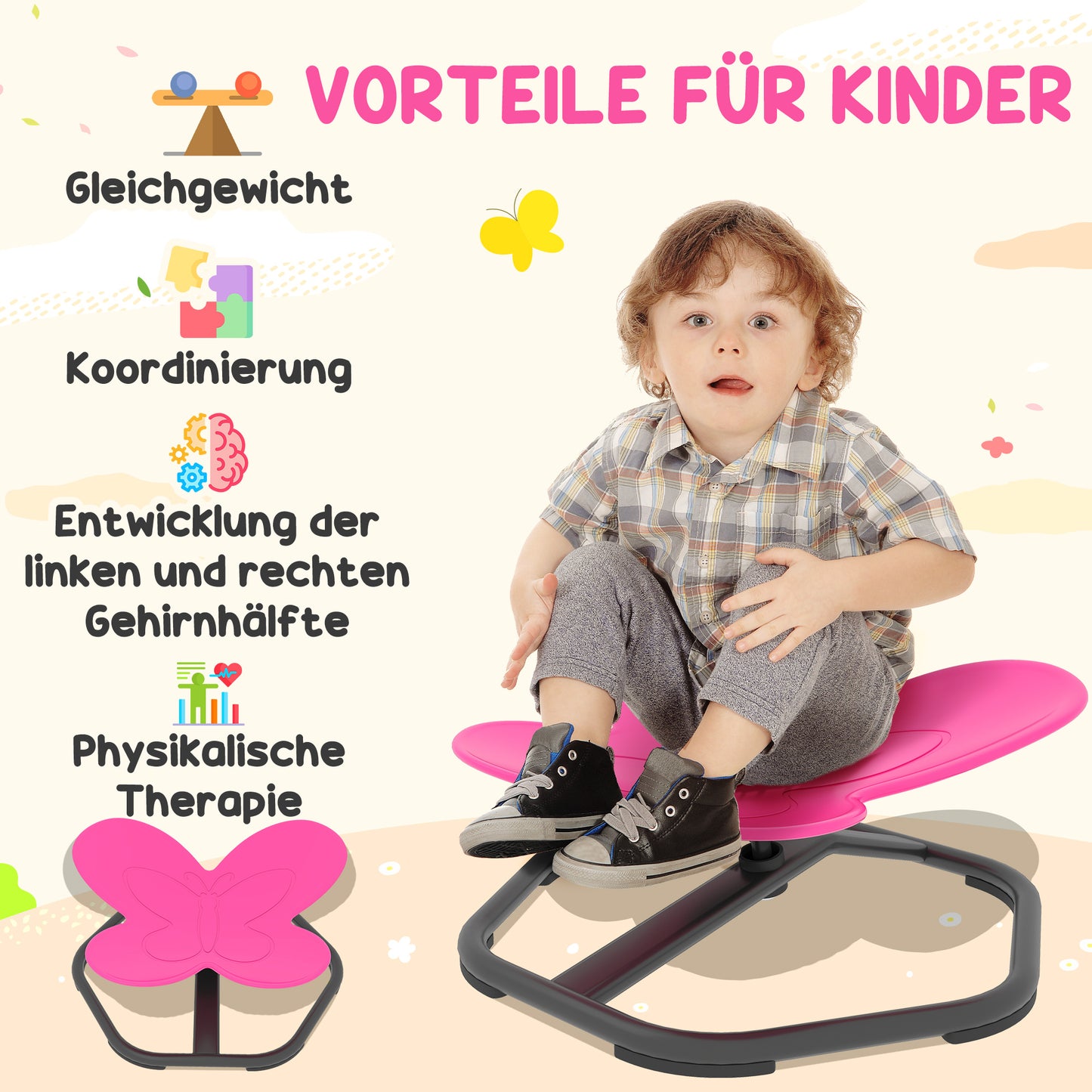 AIYAPLAY Sensorischer Drehstuhl für Kinder, Schmetterlings-Form, fördert Balance und Koordination, Kunststoff, Metall, Rosa