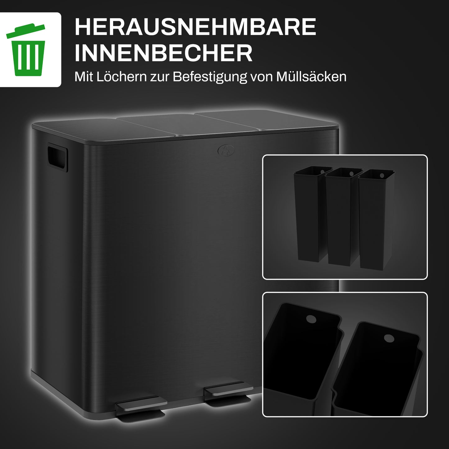 HOMCOM Mülleimer mit 3 x 15L Fächern, Deodorant-Deckel, fingerabdrucksicher, Soft-Close, herausnehmbar, Schwarz