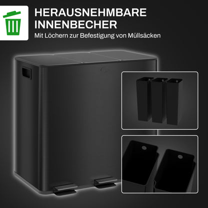 HOMCOM Mülleimer mit 3 x 15L Fächern, Deodorant-Deckel, fingerabdrucksicher, Soft-Close, herausnehmbar, Schwarz