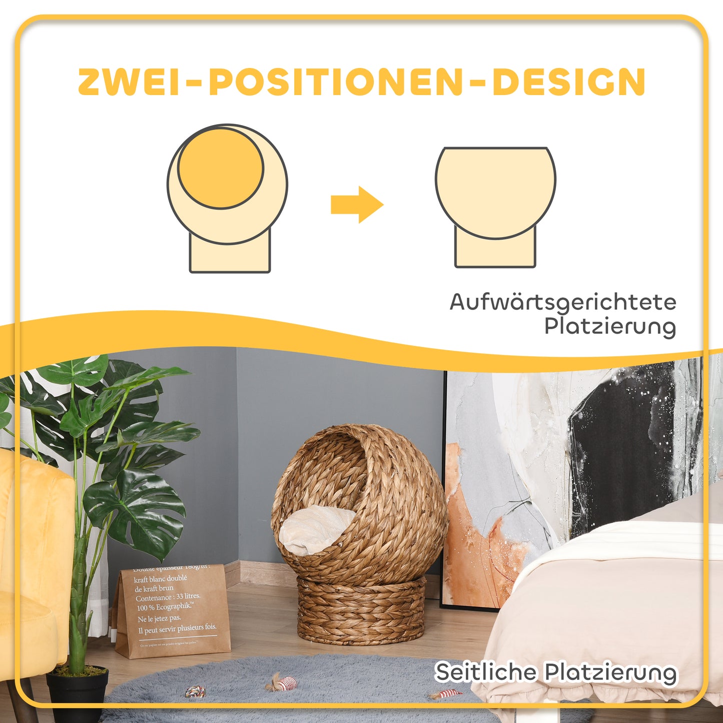 PawHut Rattan Katzenkorb Katzenhöhle Katzenhütte Katzenbett mit Kissen Haustierbett Wasserhyazinthe Braun 50 x 42 x 60 cm