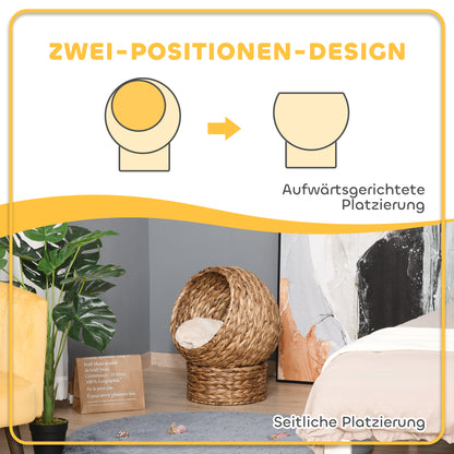 PawHut Rattan Katzenkorb Katzenhöhle Katzenhütte Katzenbett mit Kissen Haustierbett Wasserhyazinthe Braun 50 x 42 x 60 cm