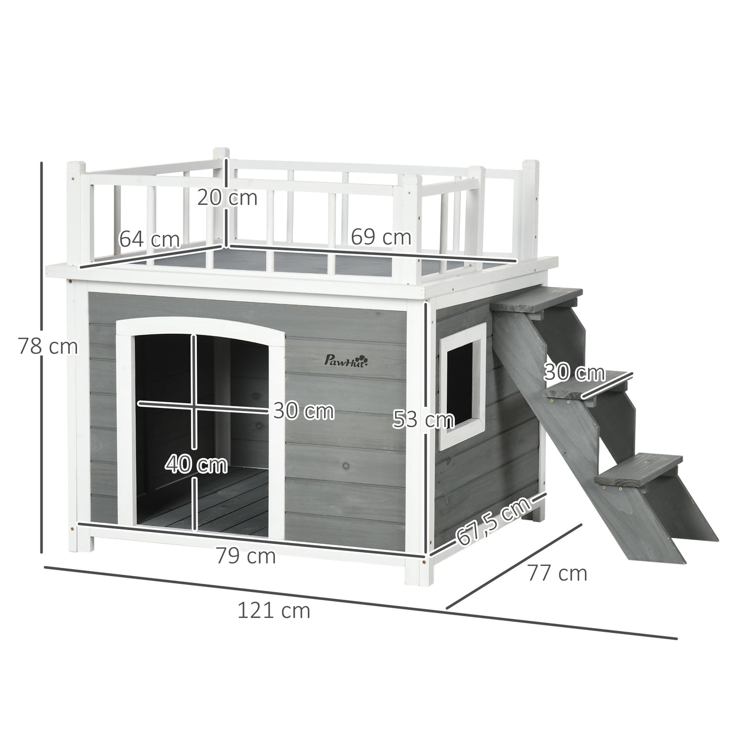 PawHut Hundehütte, Dachterrasse, Treppe, Fenster, Bodenabstand, Naturholz, hellgrau, 121 x 77 x 78cm