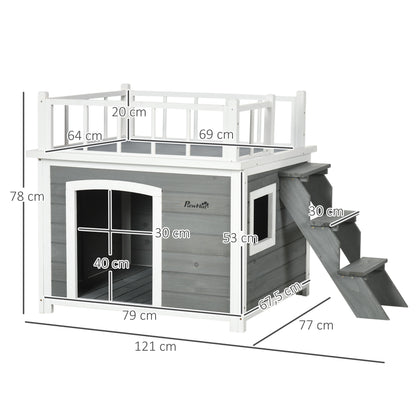 PawHut Hundehütte, Dachterrasse, Treppe, Fenster, Bodenabstand, Naturholz, hellgrau, 121 x 77 x 78cm