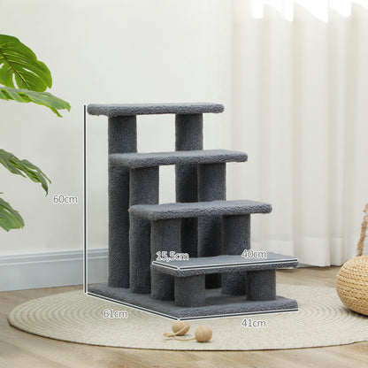 PawHut Tiertreppe Katzentreppe Hundetreppe Treppe für Katze und Hunde 4 Stufen Grau 63,5x43x60cm