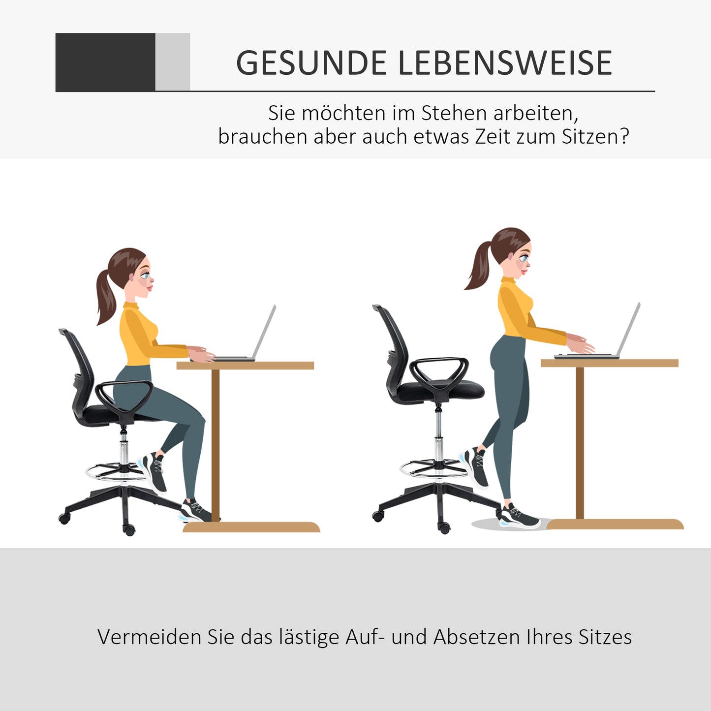 Vinsetto Bürostuhl Ergonomischer Schreibtischstuhl mit Armlehnen und Verstellbarer Fußring, Höhenverstellbarer Drehstuhl mit Netzbespannung Schwarz