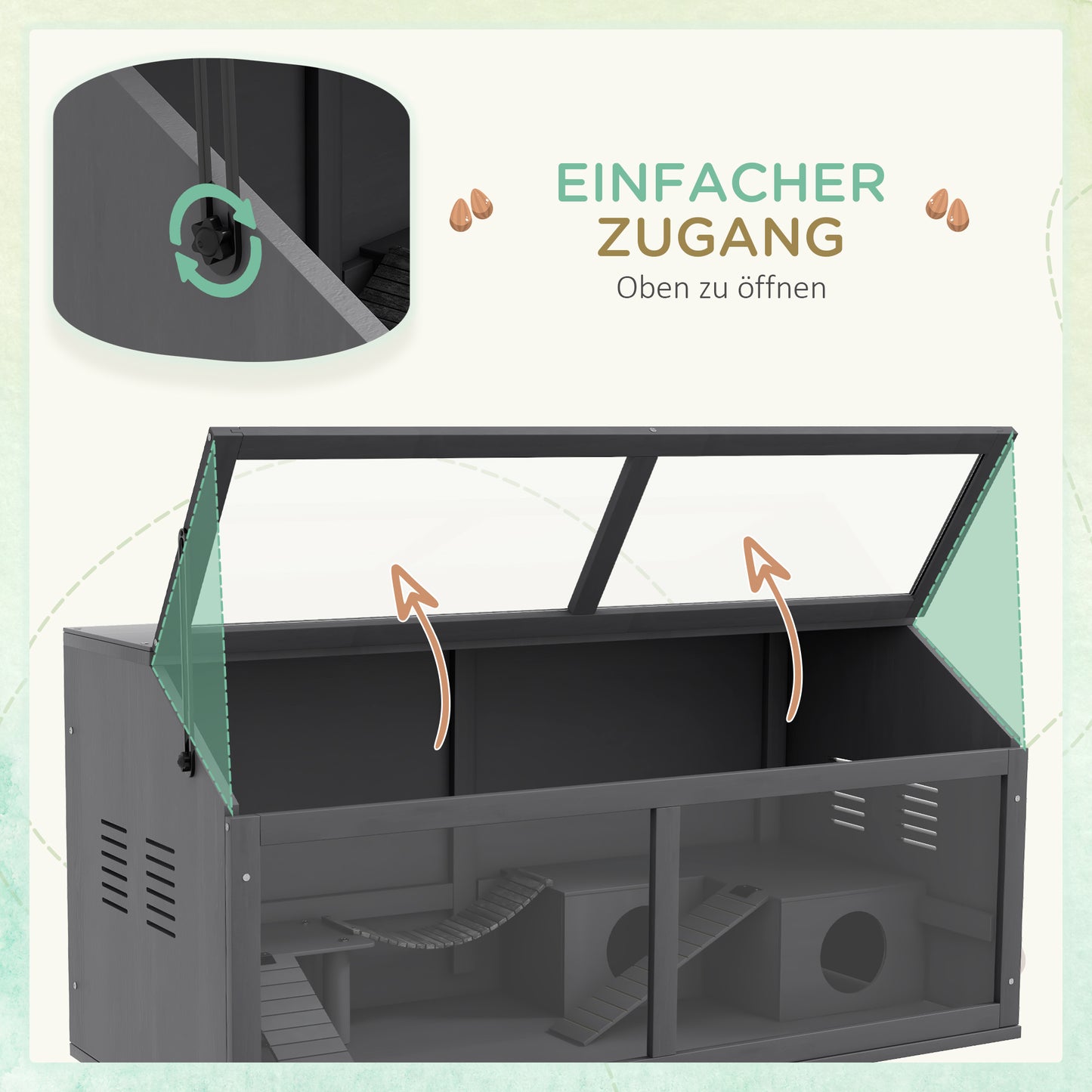 PawHut Kleintierkäfig Nagerkäfig, mit Zubehör, Tannenholz,100 cm x 52 cm x 50 cm, Grau