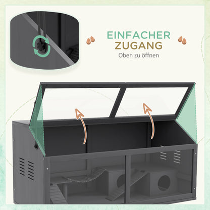 PawHut Kleintierkäfig Nagerkäfig, mit Zubehör, Tannenholz,100 cm x 52 cm x 50 cm, Grau