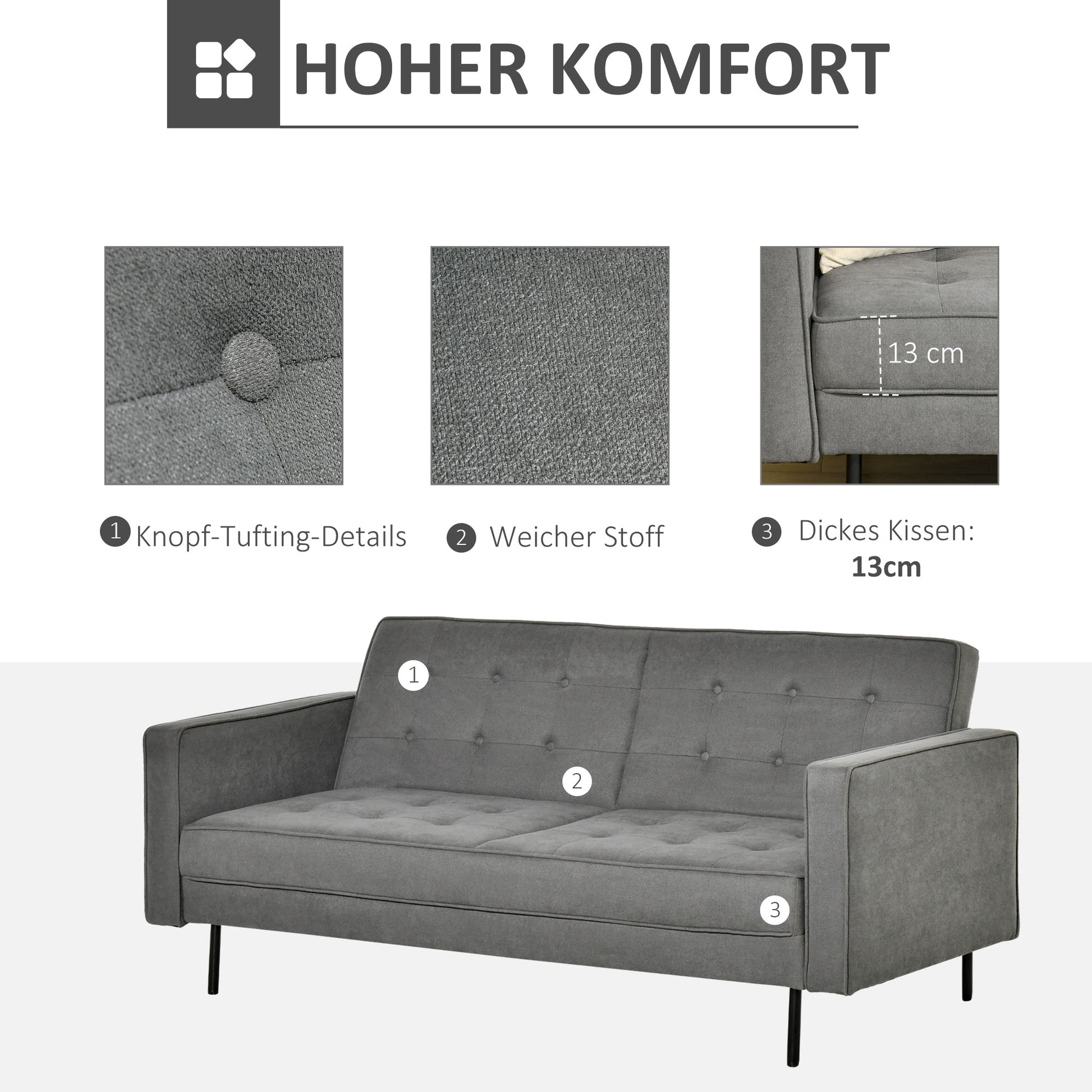 HOMCOM Schlafsofa 3-Sitzer Schlafcouch Stoffsofa Sofa mit Schlaffunktion Bettsofa mit verstellbarem Winkel Vintage Eukalyptusholz Baumwolle Grau