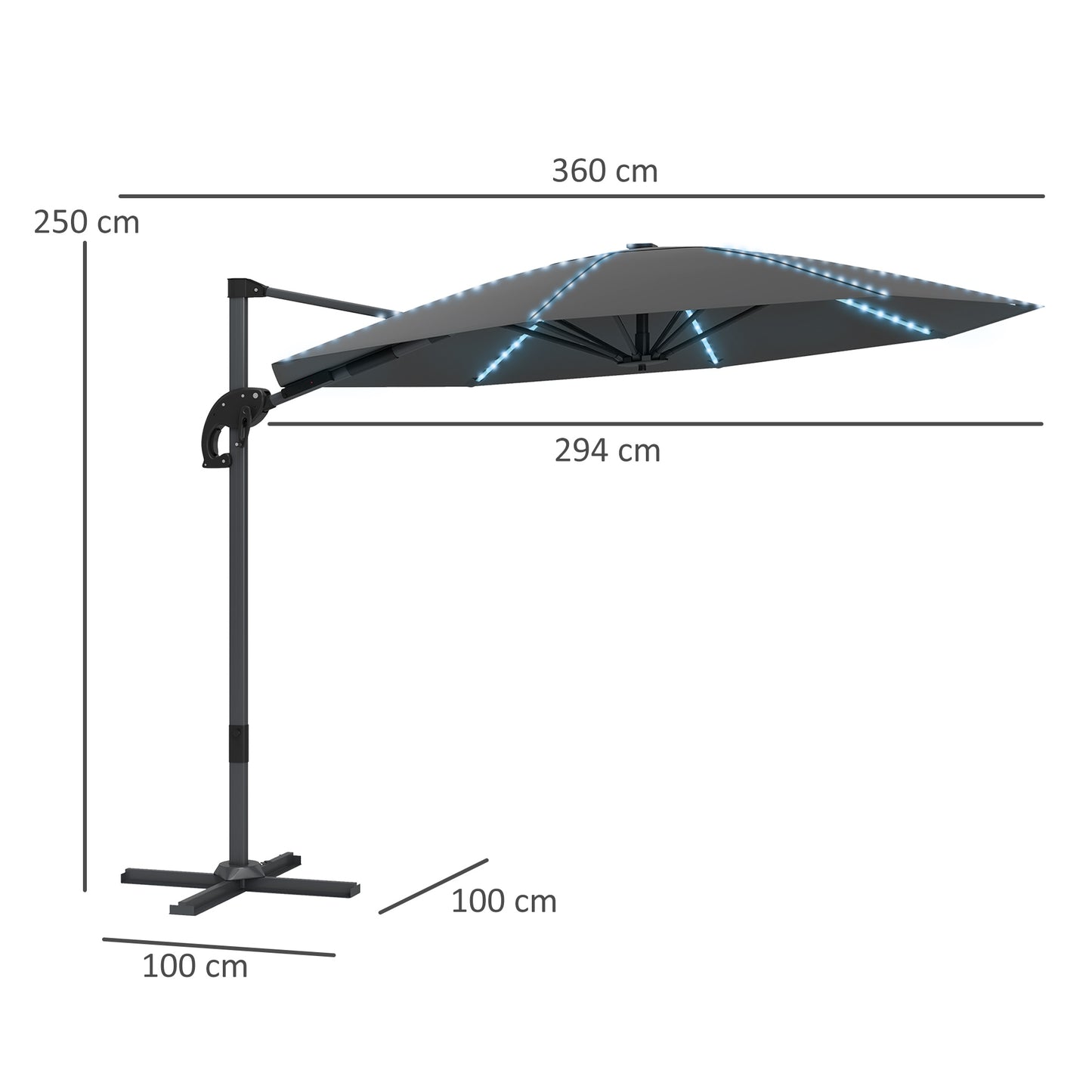 Outsunny Alu Ampelschirm LED Solar Ø300 cm höhenverstellbar Sonnenschirm mit Kurbel Ständer UV50+ Dunkelgrau