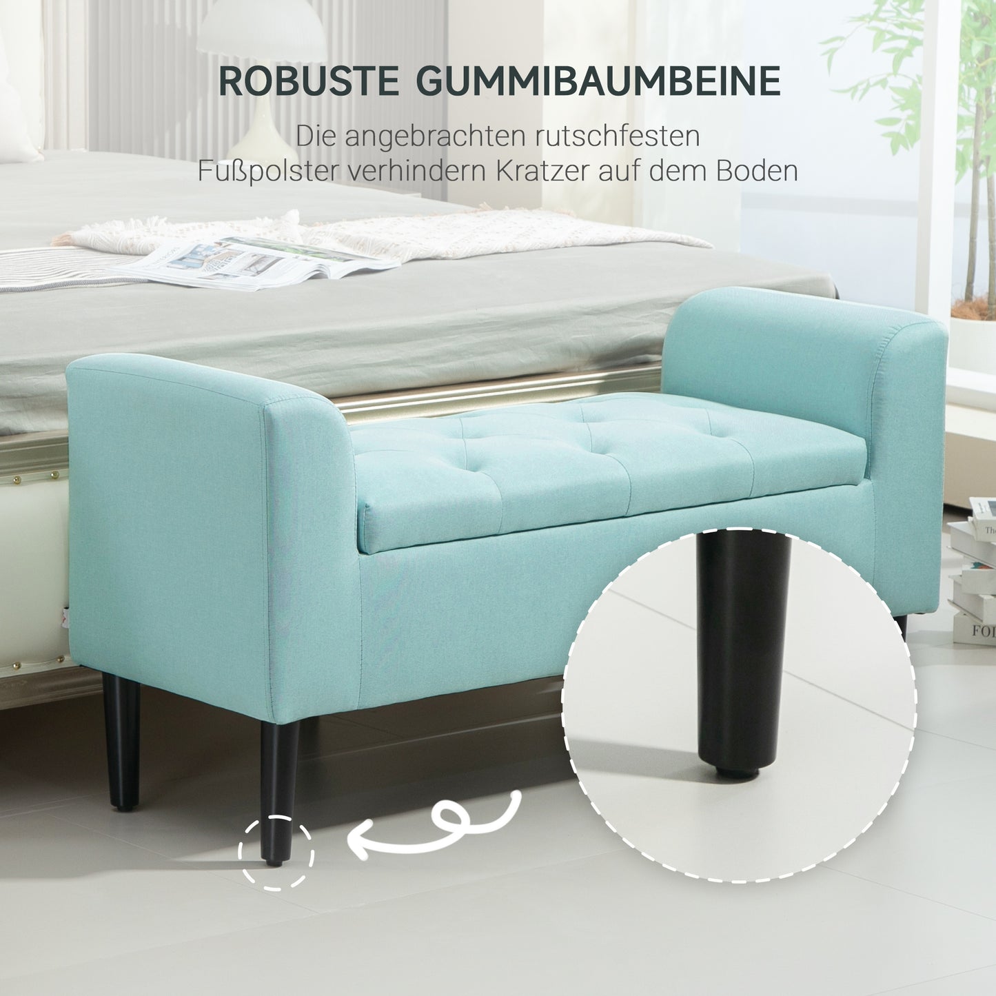 HOMCOM Sitzbank mit Stauraum, Polsterbank, belastbar bis 130 kg, Leinenoptik, Kautschukholz, 116 x 44 x 58 cm, Grün