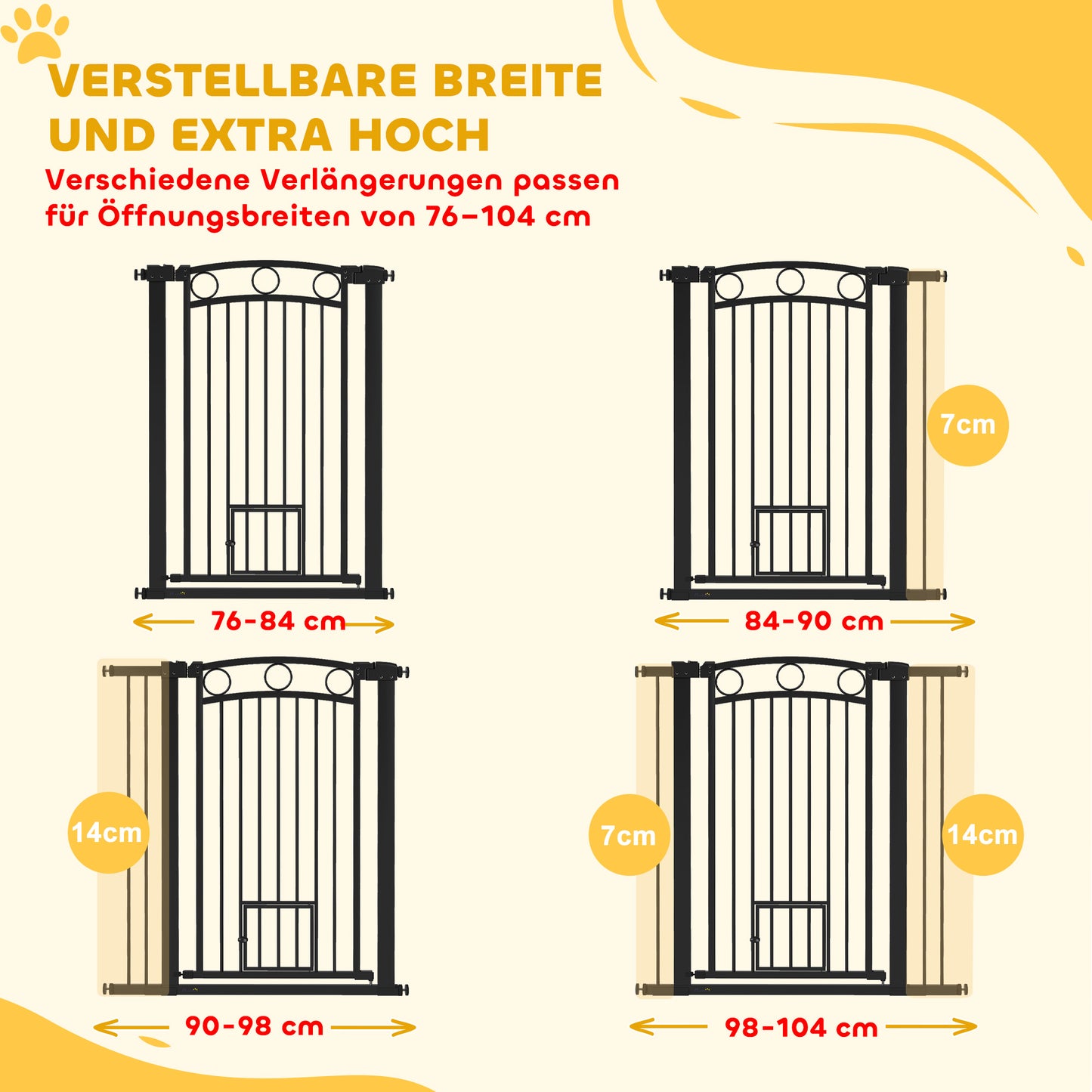 PawHut 106 cm hohes Haustiergitter med anpassbarer Breite, integrierte Katzentür, für Treppen och Türrahmen, Schwarz