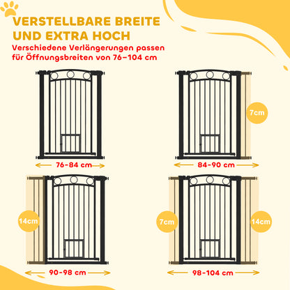 PawHut 106 cm hohes Haustiergitter med anpassbarer Breite, integrierte Katzentür, für Treppen och Türrahmen, Schwarz