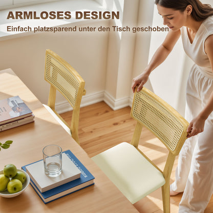 HOMCOM Esszimmerstuhl, Rattan-Rückenlehne, Kunstleder-Sitz, Kautschukholz, Naturholz