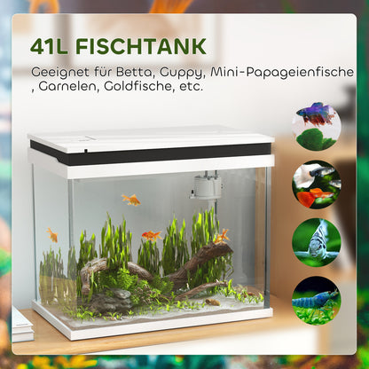 PawHut 41 liter glas-akvarium med filtersystem, LED-lampa, vattenpumpar, för olika fiskarter, Weiß