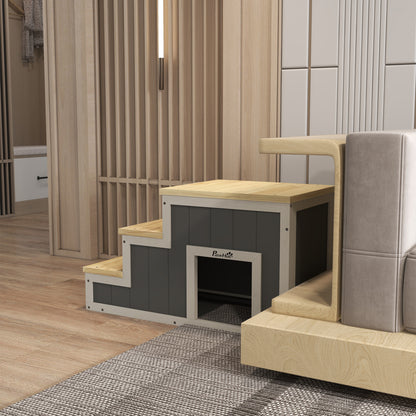 PawHut Haustiertreppe Hundetreppe, 3 Stufen, Kiefernholz, 79 cm x 38,5 cm x 45 cm, Natur + Weiß