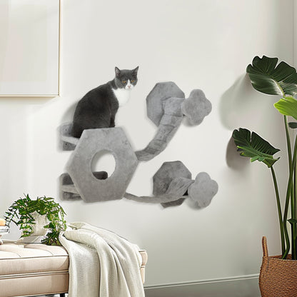 PawHut Katzen Kletterwand, inkl. Katzenhaus, Leitern, Spielball, platzsparend, Hellgrau