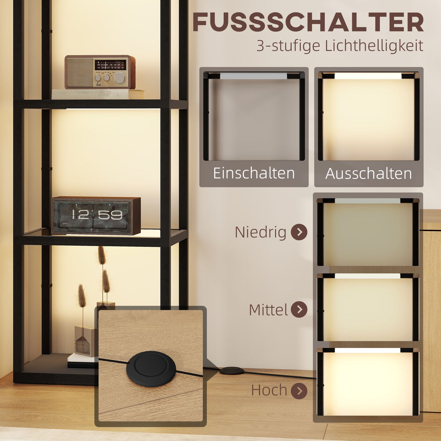 HOMCOM LED-Stehlampe mit 4-stufigem Regal, Leuchtregal mit 4 Glasfächern, Fußschalter, MDF, Schwarz