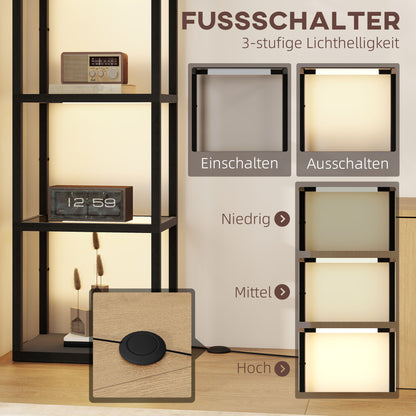 HOMCOM LED-Stehlampe mit 4-stufigem Regal, Leuchtregal mit 4 Glasfächern, Fußschalter, MDF, Schwarz