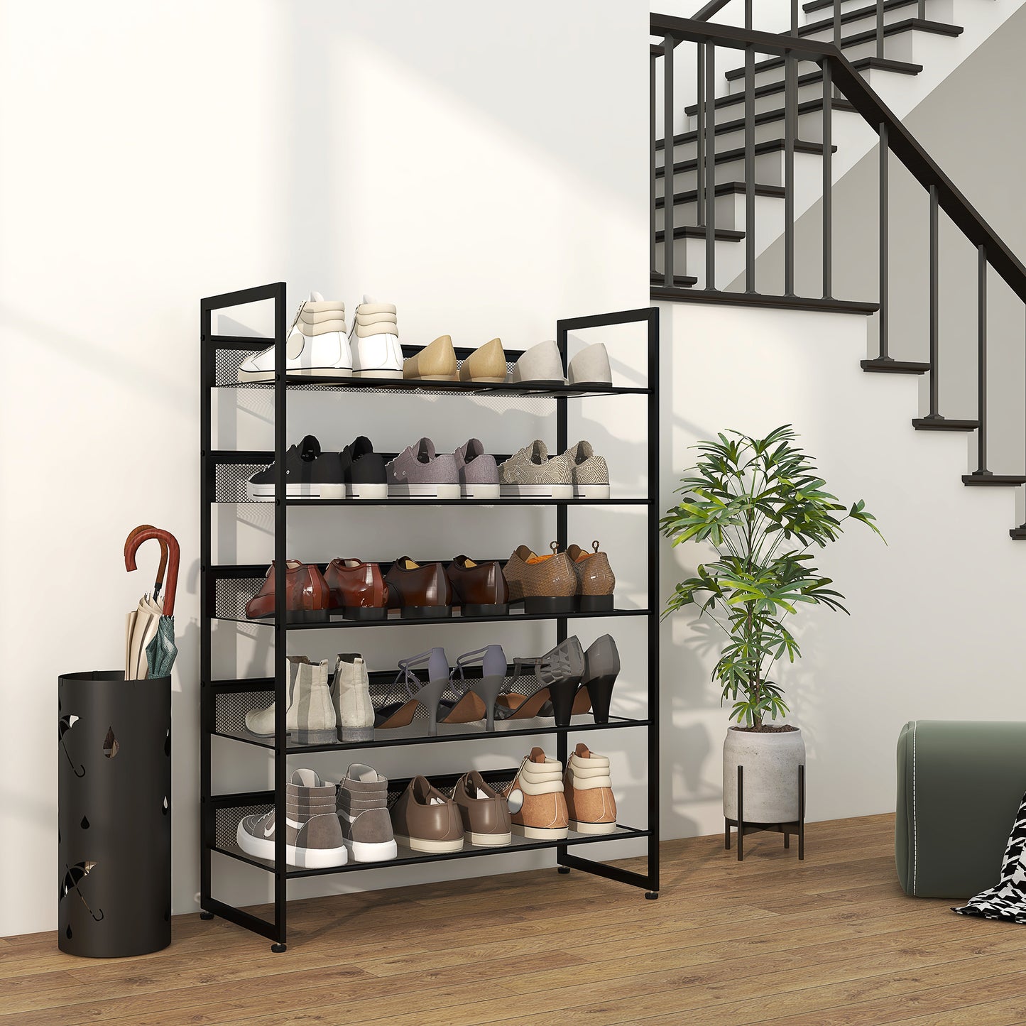 HOMCOM kleines Schuhregal Schuhablage Schuhständer hoch schmal, 5 Regale, 72 cm x 30 cm x 102 cm, Schwarz