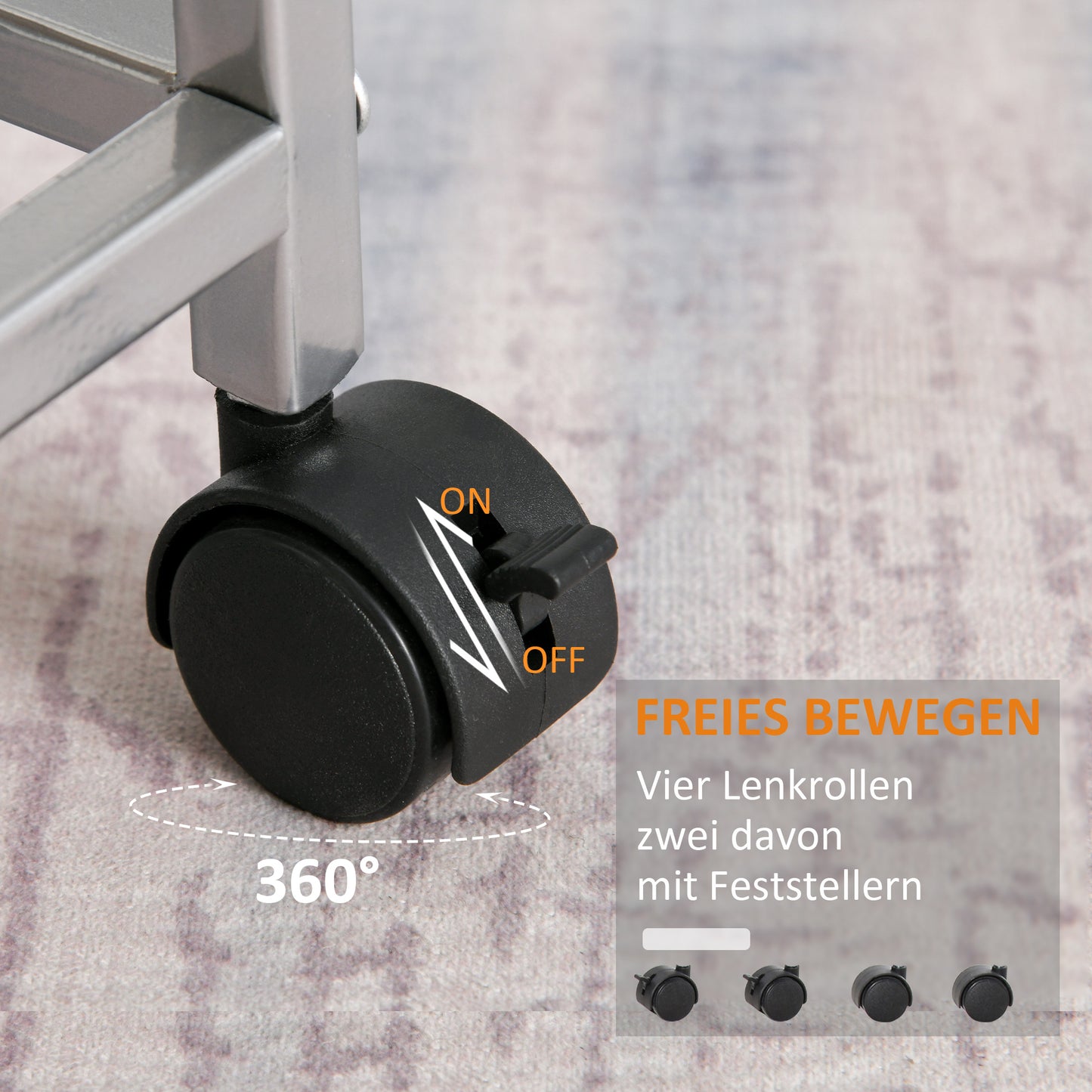 HOMCOM Küchenwagen Rollwagen mit 4 Ebenen Küchenregal mit Metallkörben, Allzweckwagen auf Rollen, Aufbewahrungswagen für Küche Bad Büro Wohnzimmer Silber