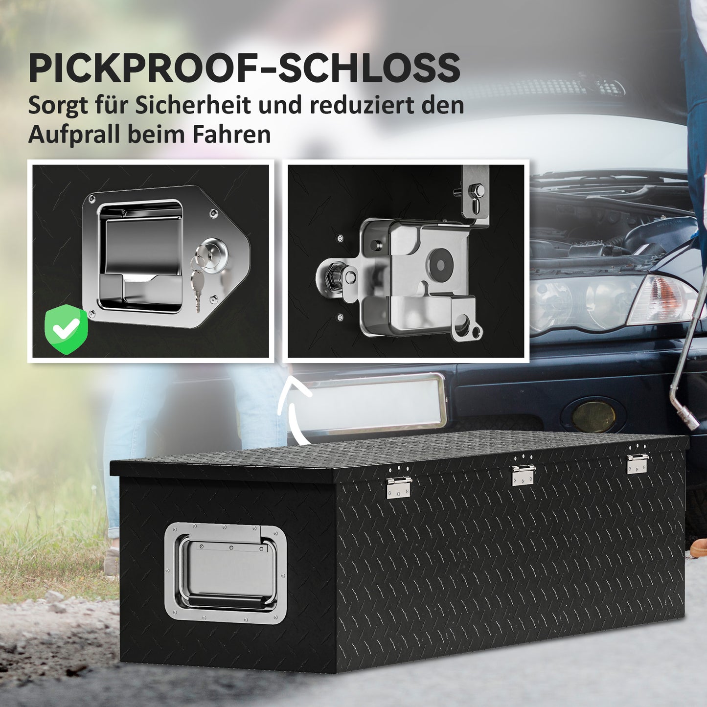 HOMCOM Stabile Aufbewahrungskiste aus Aluminium mit Seitengriffen, Schloss und Schlüsseln, Werkzeugkasten, 99 x 33 x 25,4 cm