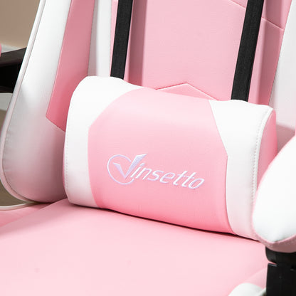Vinsetto Gamingstuhl Computerstuhl Ergonomischer Bürostuhl Gamer Stuhl mit Kopfstütze Lendenkissen Bürostuhl höhenverstellbar 360°drehbar Schaumstoff Kunstleder PVC Rosa+Weiß 64 x 67 x 119-127 cm