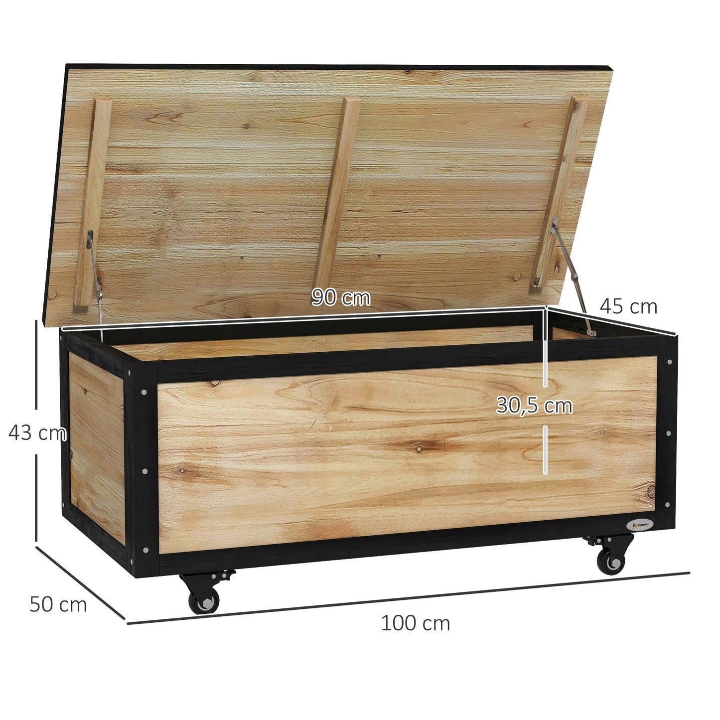 Outsunny Garten-Aufbewahrungsbox, 121 Liter, 2 Räder, wetterfest, Metallscharniere, Naturholz, 100x50x43 cm