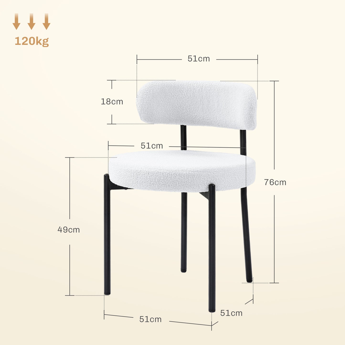 HOMCOM 2er-Set Esszimmerstühle, Fleece-Polsterung, Stühle mit Polstersitz, Metallbeine, Cremeweiß