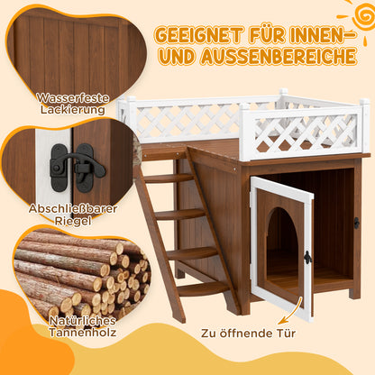 PawHut Katzenhaus, zweistöckig, mit Balkon und Treppe, für drinnen und draußen, für Katzen und Kaninchen, Tannenholz, Braun