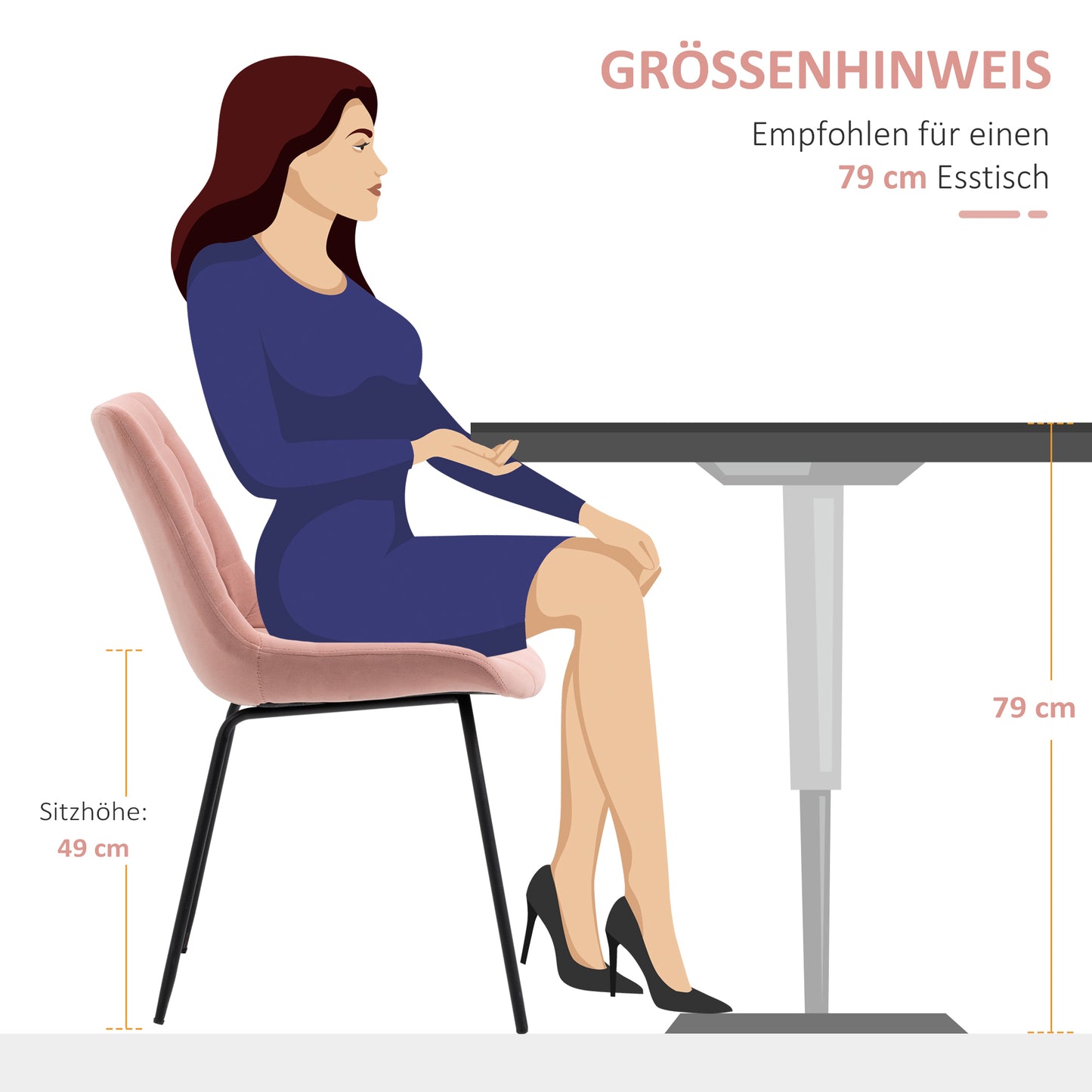 HOMCOM 2er-Set Esszimmerstühle Akzentstühle Küchenstühle, Retro-Design, Samtoptik, 50 cm x 61 cm x 79 cm, Rosa