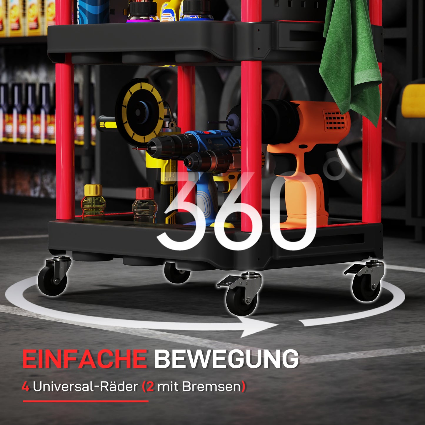 HOMCOM Werkzeugwagen, dreistufige Regale, 4 Räder, Kunststoff, 10 Haken, Rot