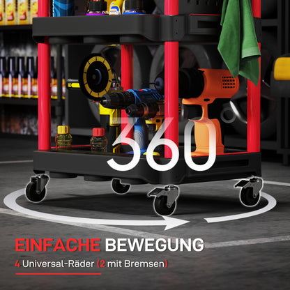 HOMCOM Werkzeugwagen, dreistufige Regale, 4 Räder, Kunststoff, 10 Haken, Rot
