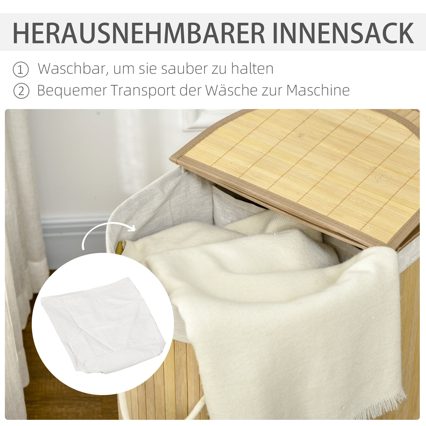 HOMCOM Wäschekorb 100L mit herausnehmbaren Wäschebank 62,5 cm x 37 cm x 60,5 cm Natur + Weiß
