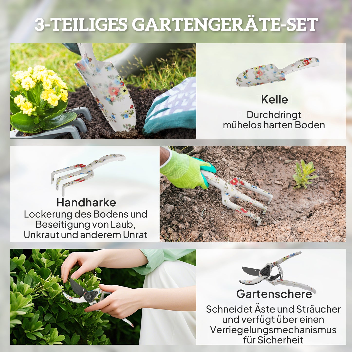 Outsunny Gartenwerkzeug Set 3 Stück Garten Werkzeug aus Metall mit Blumenkelle Handrechen Gartenschere