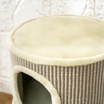 PawHut Kratztonne, 49 cm hög, Ø35,5 cm zweistöckige Katzentonne mit Plüschrand Kratzmatte, 2 Höhle Khaki+Kaffee