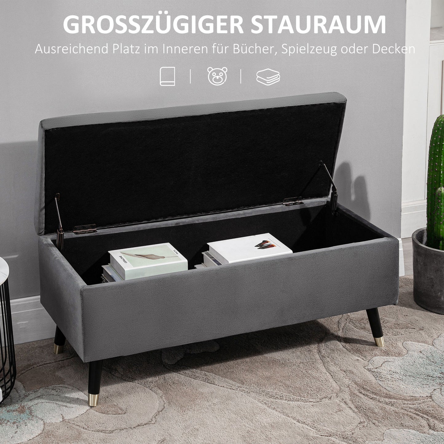 HOMCOM Sitzbank, Polsterbank mit Stauraum, Truhenbank, Metall, Schaumstoff, Kautschukholz, Kohlegrau, 110 x 43 x 45 cm