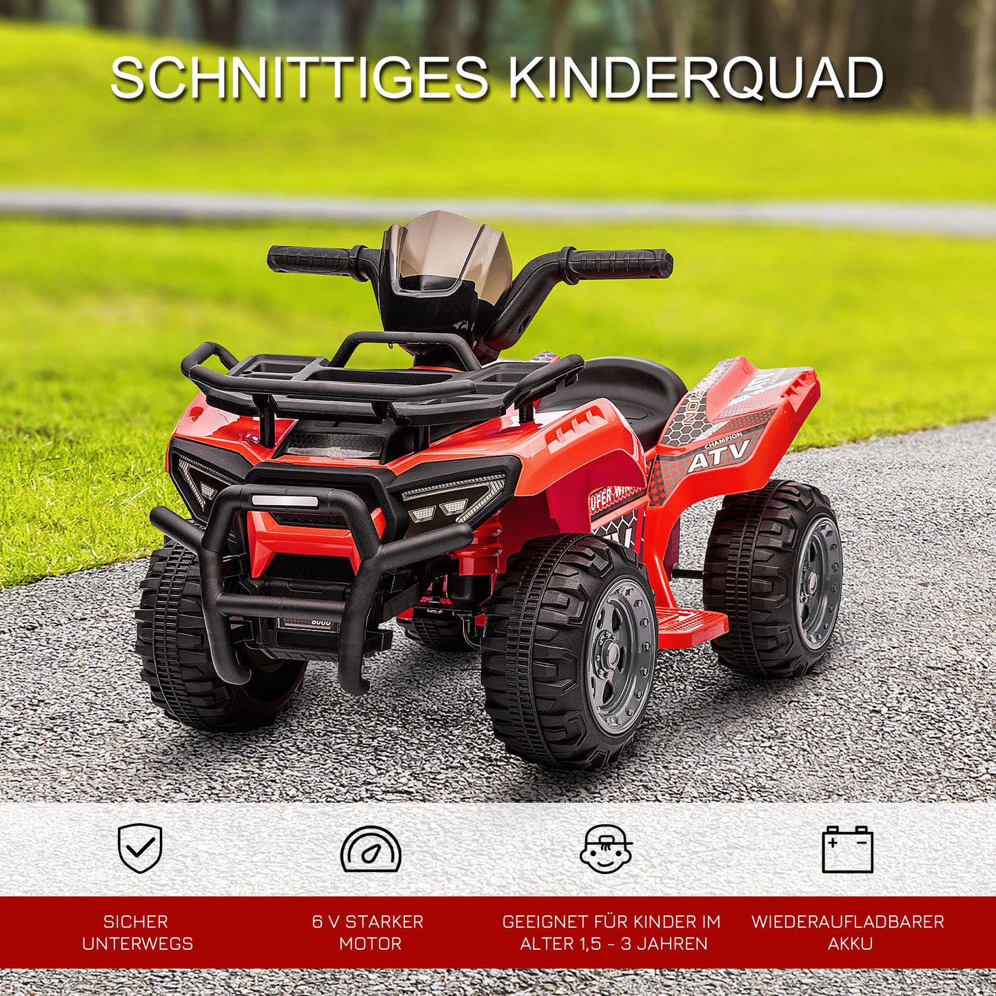 HOMCOM Kinder Quad Elektro 6V Kinderquad mit Vorwärtsfunktion, Musik, Elektro-Quad für Kinder 1,5-3 Jahre Rot