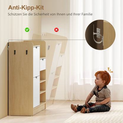 HOMCOM Schuhregal für Flur, Schuhschrank mit Kippschubladen, offenen Regalen, 4 Haken, für bis zu 14 Paar Schuhe, Natur