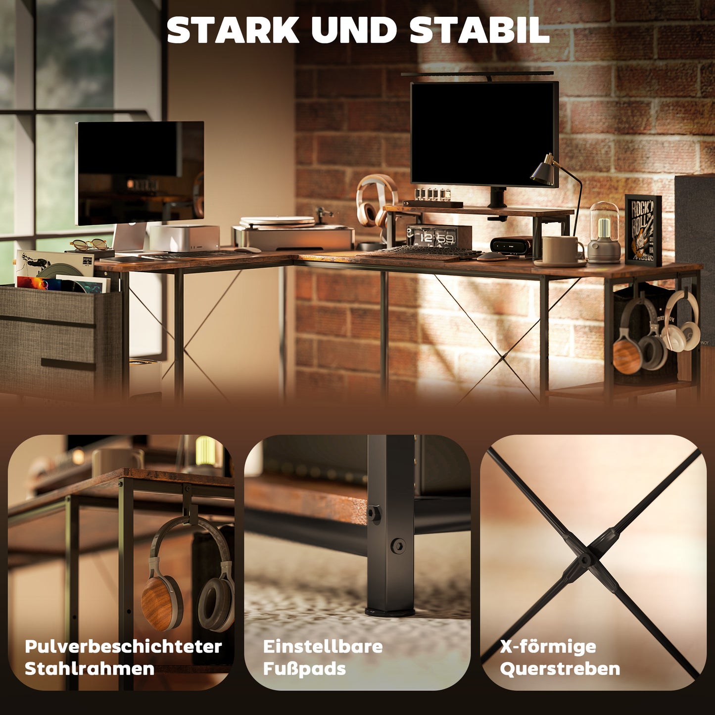 HOMCOM L-förmiger Schreibtisch, Vielseitiger Bürotisch mit einstellbaren Regalen und Aufbewahrungstasche, Monitorständer, Braun