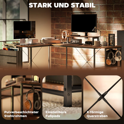 HOMCOM L-förmiger Schreibtisch, Vielseitiger Bürotisch mit einstellbaren Regalen und Aufbewahrungstasche, Monitorständer, Braun
