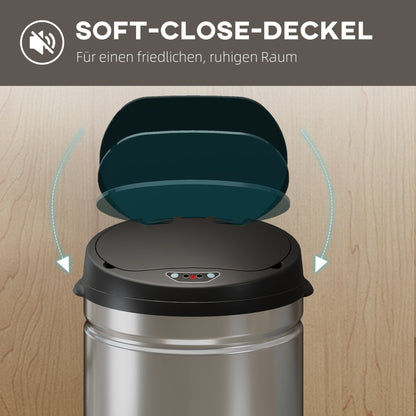 HOMCOM 50 Liter Sensor-Mülleimer mit Soft-Close-Funktion, berührungsfreier Abfalleimer aus Edelstahl für hygienische Küchen, Büros, Silberfarben