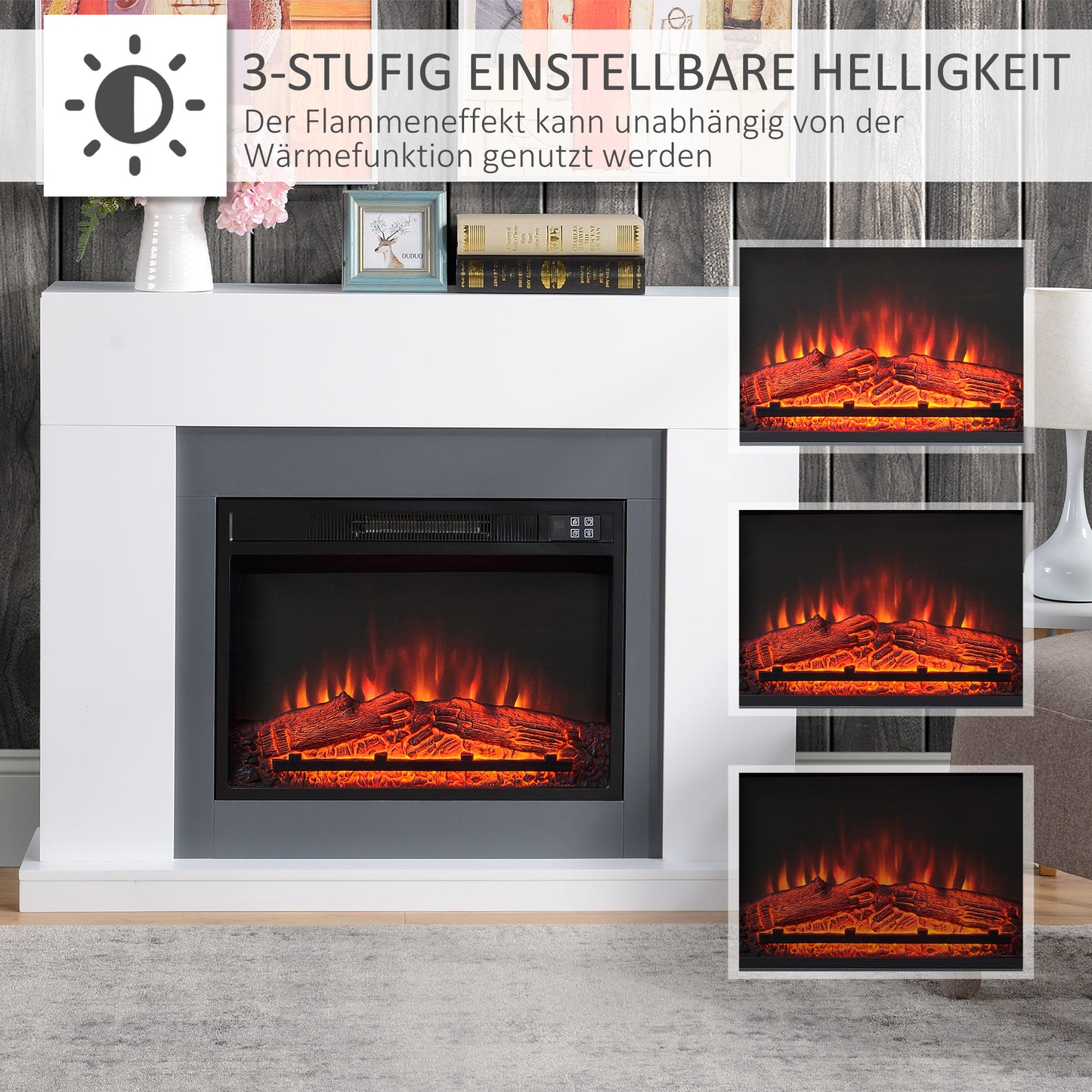 HOMCOM LED Elektrokamin Standkamin Kaminofen mit Flammeneffekt 1800/2000W Innenraumheizung mit Holzrahmen Dekokamin MDF Weiß 113 x 26,6 x 87,5 cm