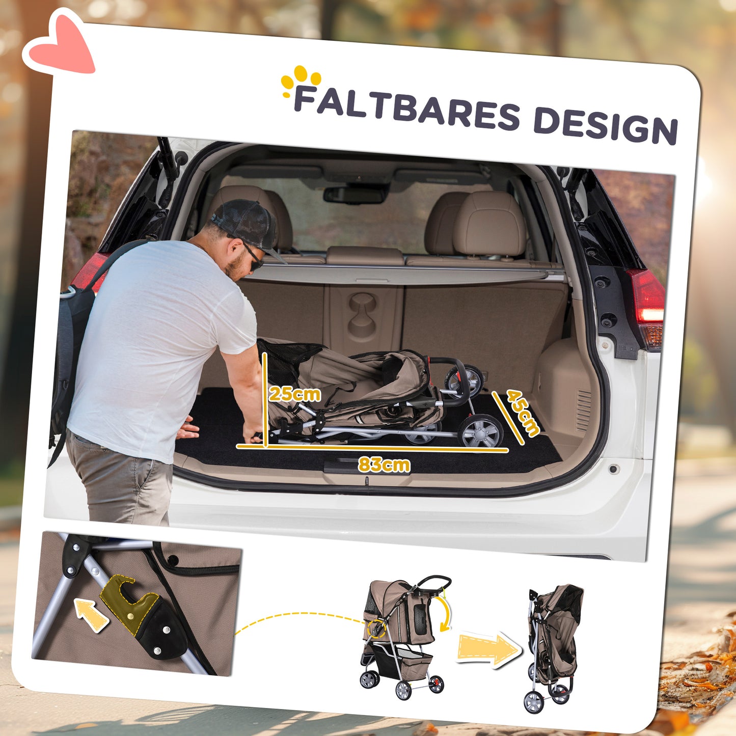 PawHut Hundebuggy Hundewagen bis 10 kg Klappbar Bodenkorb 2 Becherhalter verstellbares Vordach Kaffeebraun